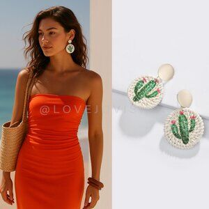 Meiss Hand-Painted Cactus Rattan Earrings | Flirty Vacay Statement